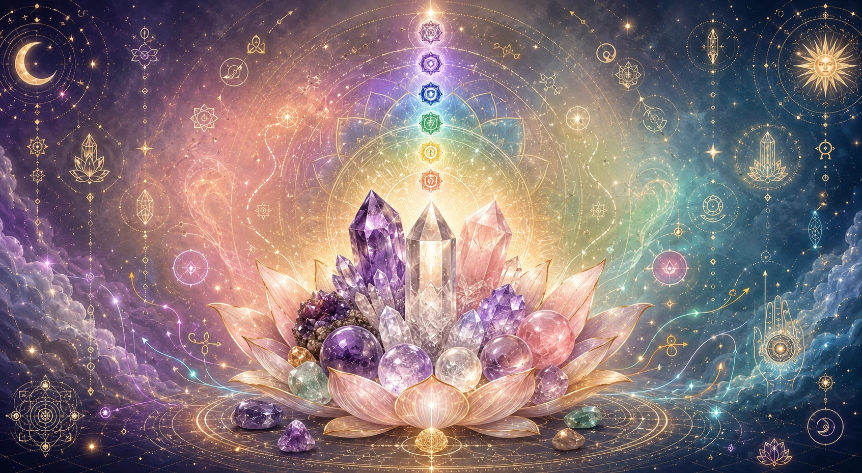 Crystal healing guide showing amethyst, rose quartz and chakra crystals for Vedic healing