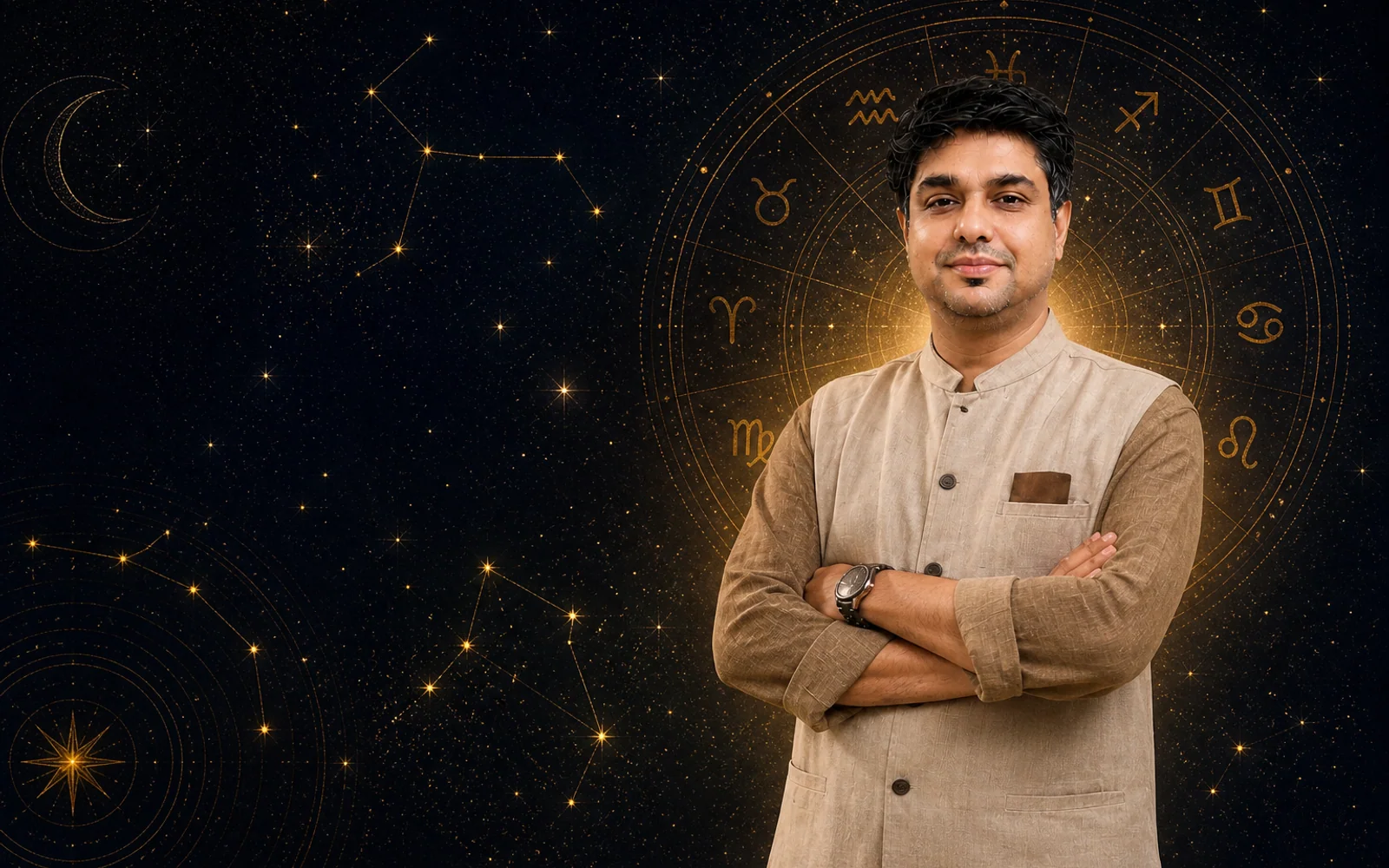 Saurabh Jain, K.N. Rao Institute trained Vedic astrologer based in Ahmedabad, with cosmic constellations and zodiac wheel