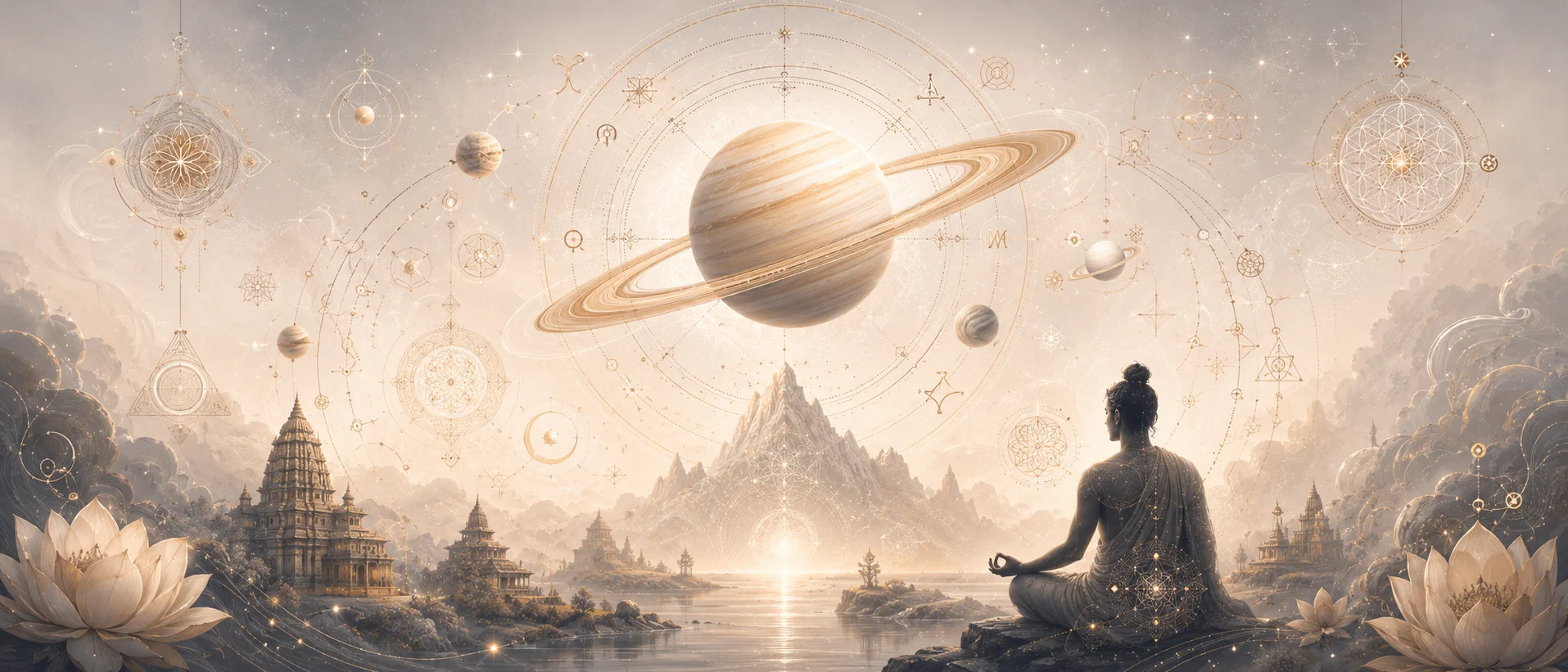 Ketu in 12th house moksha spiritual liberation meditating sage under Saturn cosmic sky