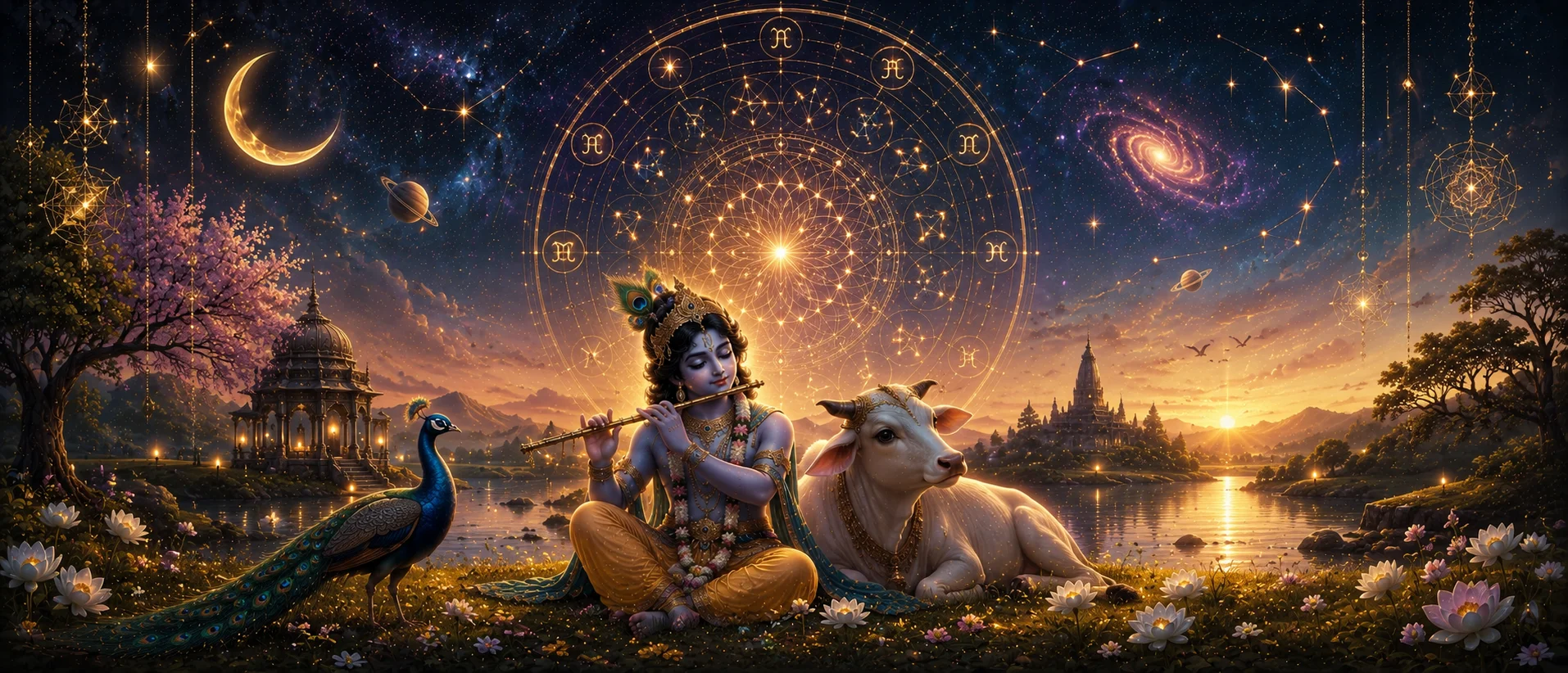 Lord Krishna playing flute with white cow under Rohini nakshatra constellation wheel