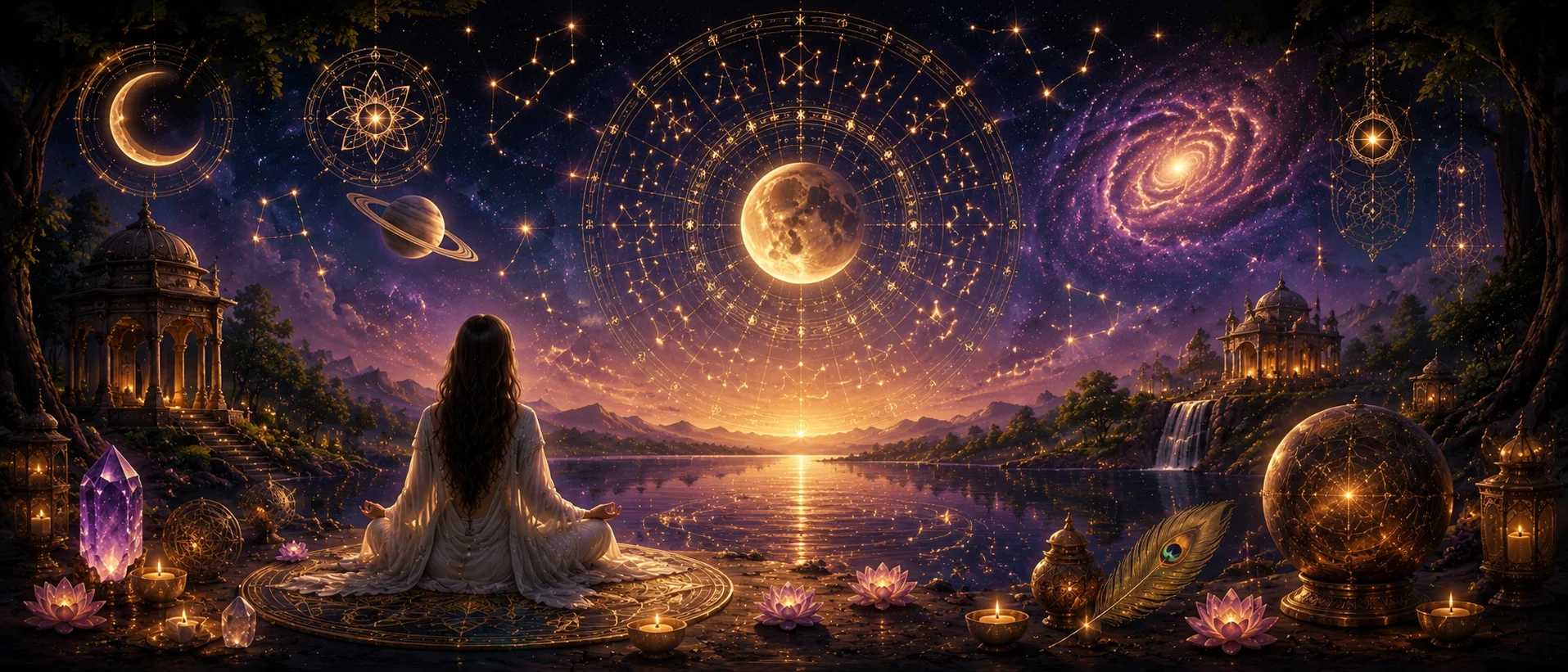 Rohini nakshatra compatibility woman meditating under full moon purple cosmic night
