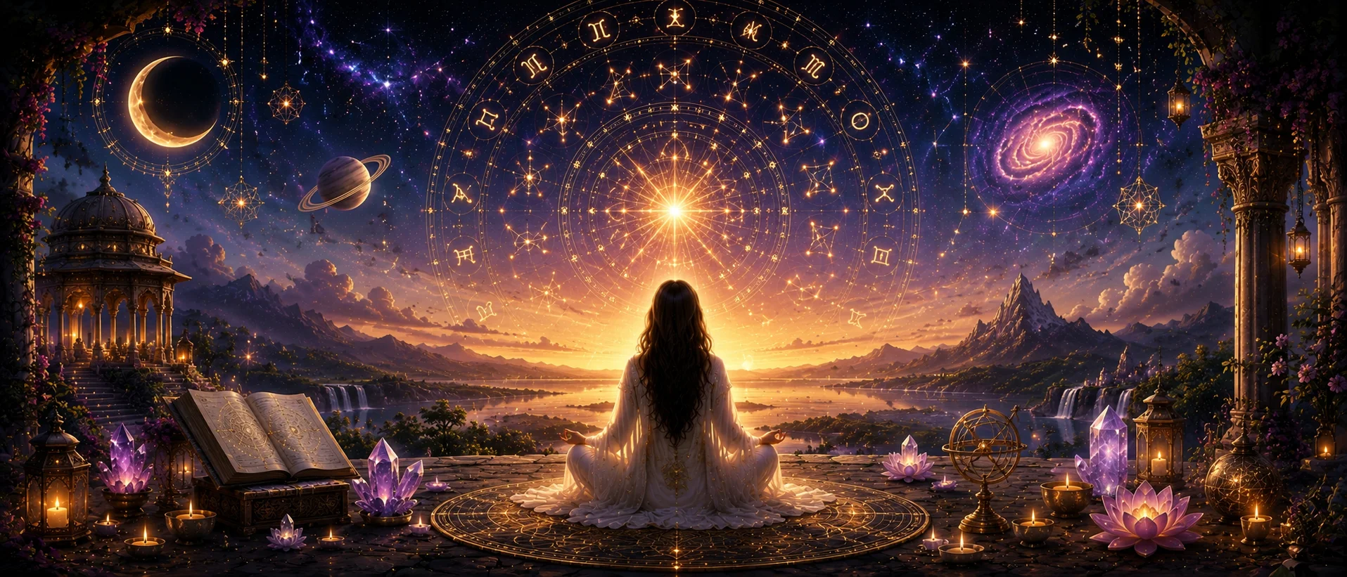 Rohini nakshatra female meditating under zodiac wheel and golden cosmic sunrise
