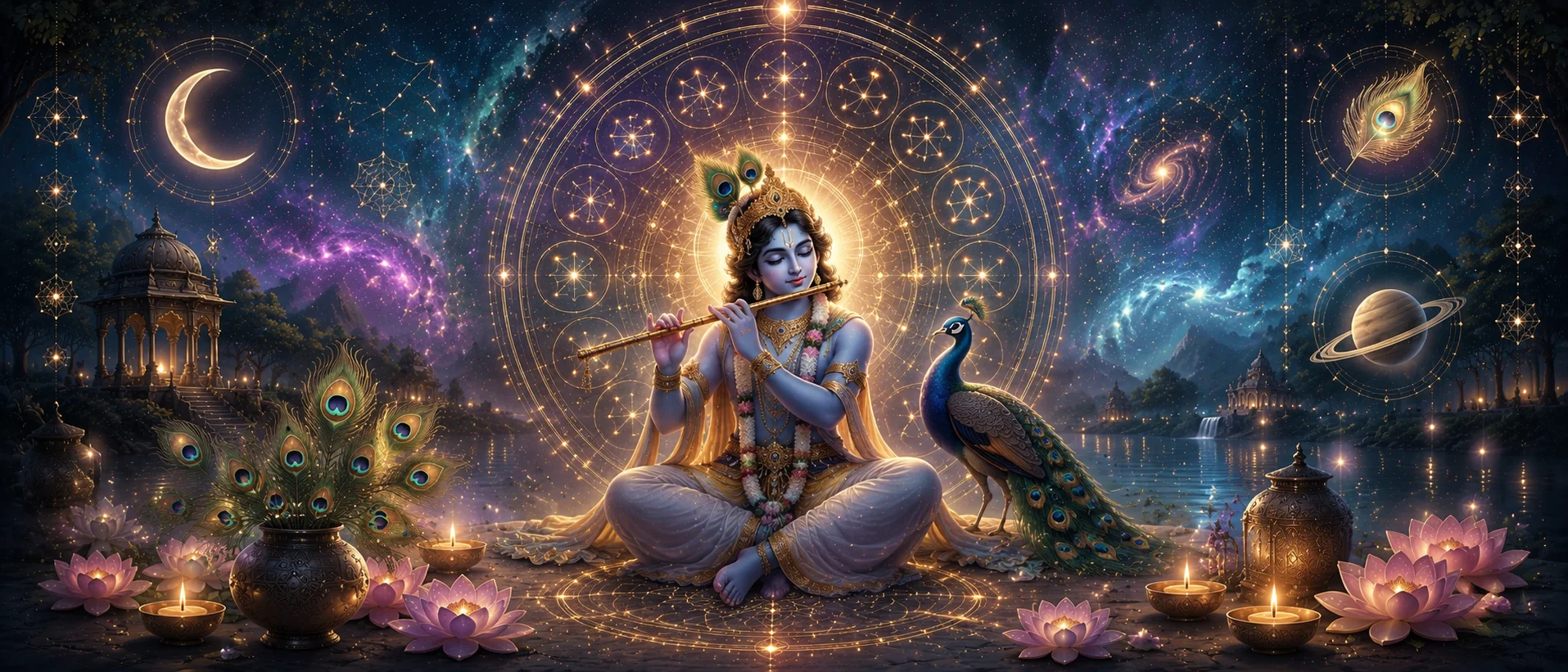 Rohini nakshatra gemstone Krishna playing flute with peacock and lotus flowers
