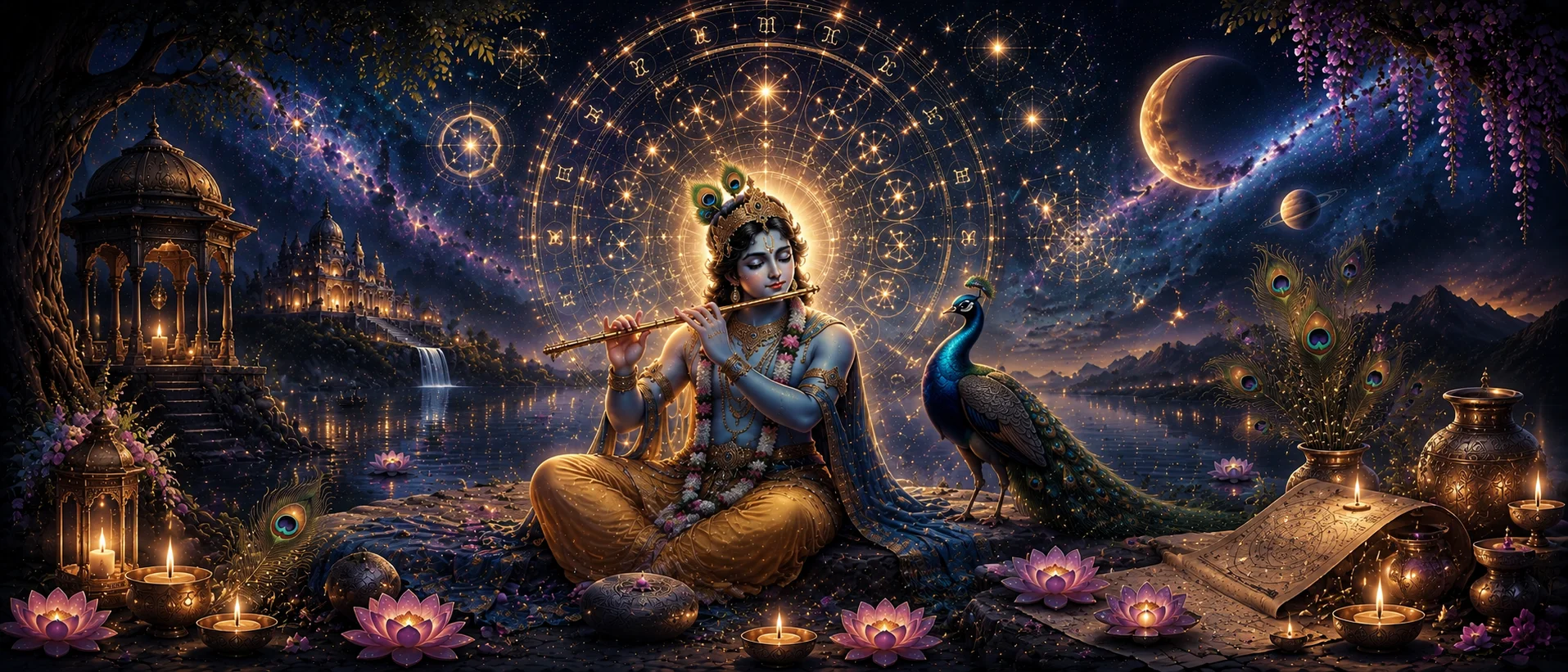Rohini nakshatra male Krishna playing flute under dark cosmic nakshatra wheel