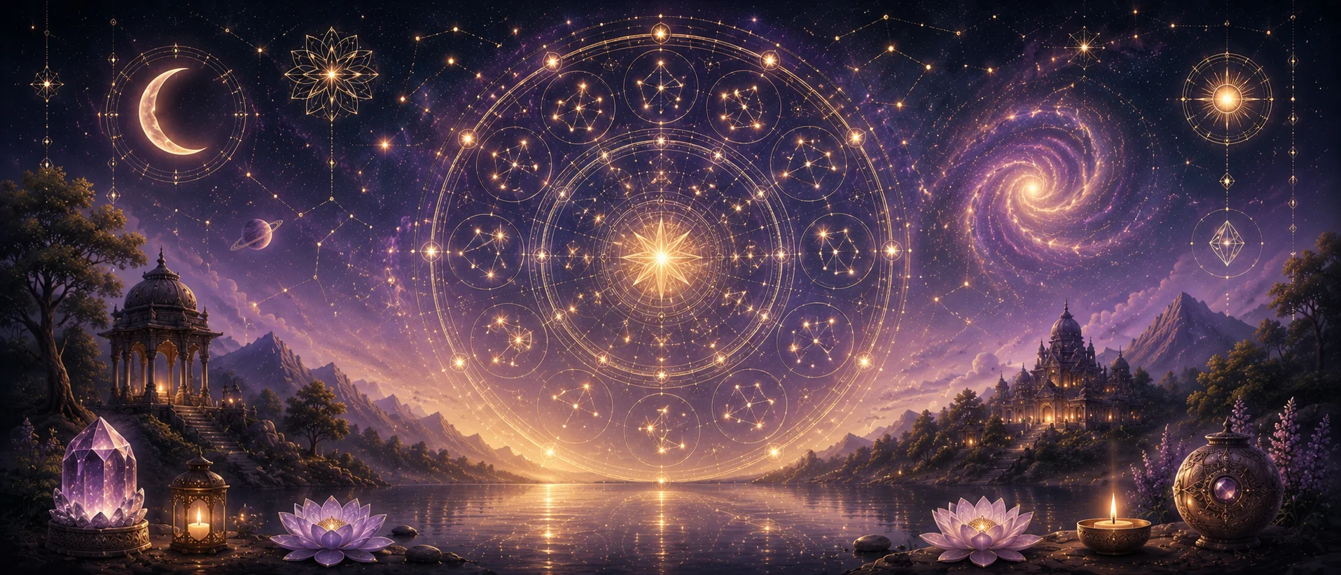Rohini nakshatra 4 padas constellation wheel purple night sky crystals and lotuses