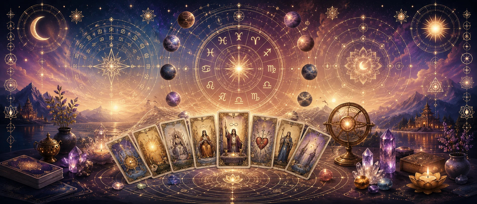 Tarot card reading with Vedic astrology zodiac wheel and mystical cards