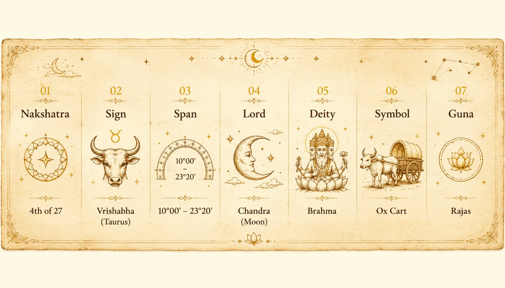 Rohini Nakshatra quick facts, Lord Moon, Deity Brahma, Symbol Ox Cart, Sign Taurus