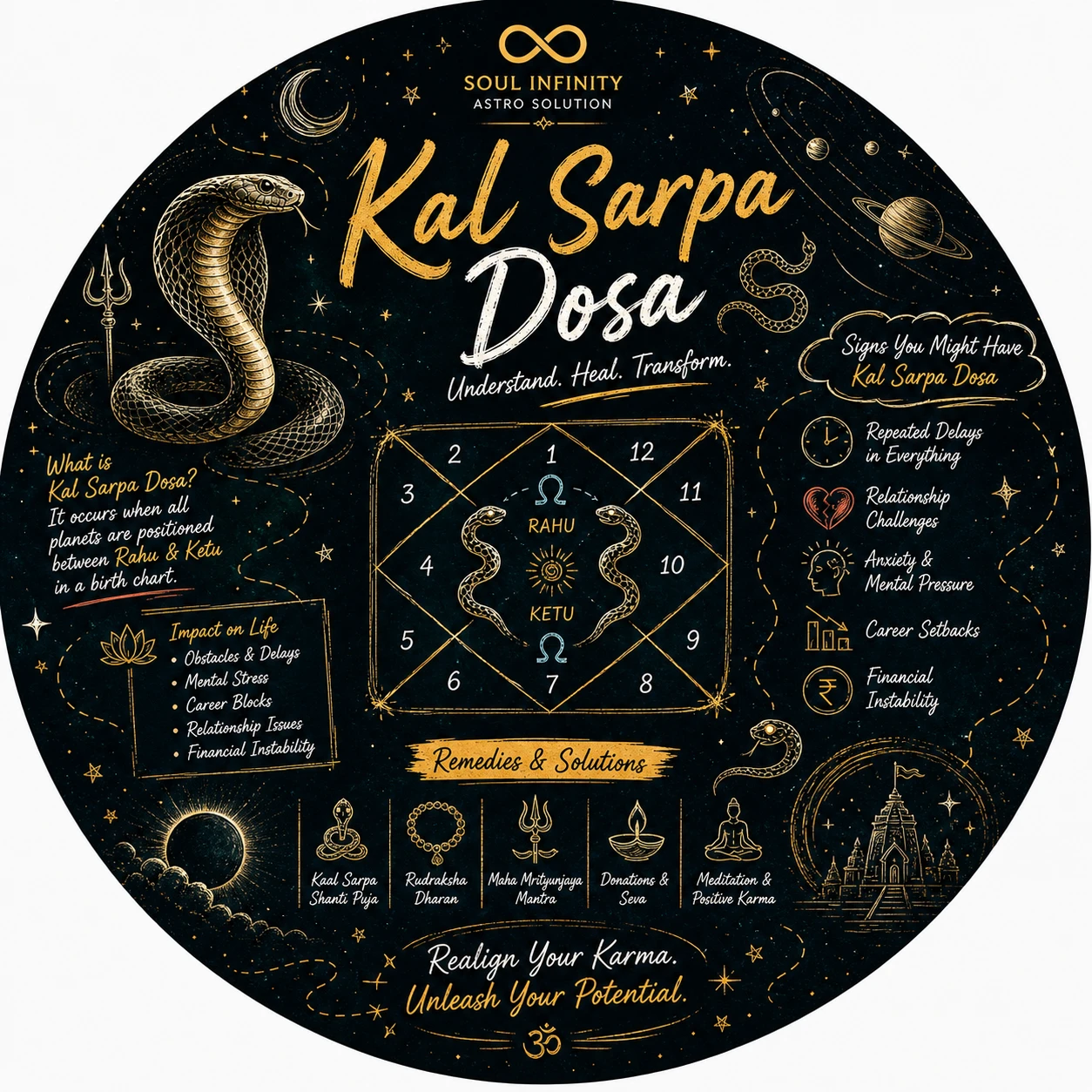 Kaal Sarp Dosha illustration showing Rahu and Ketu encircling all planets in the birth chart