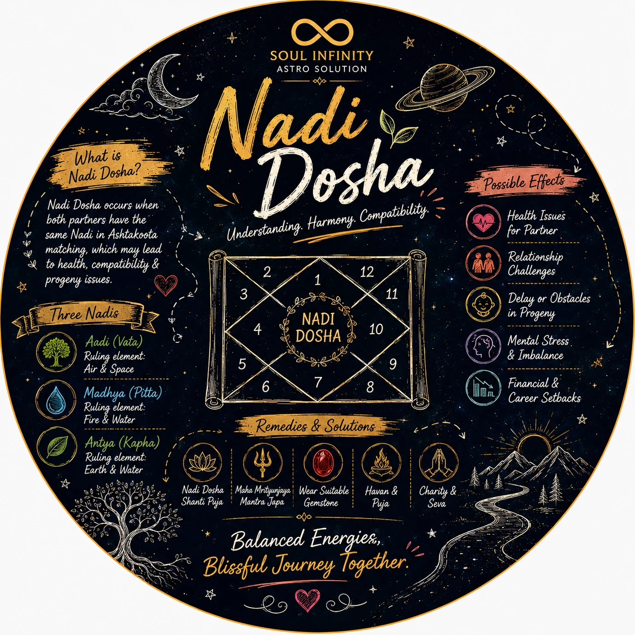 Nadi Dosha illustration representing the three nadi types in Vedic marriage compatibility