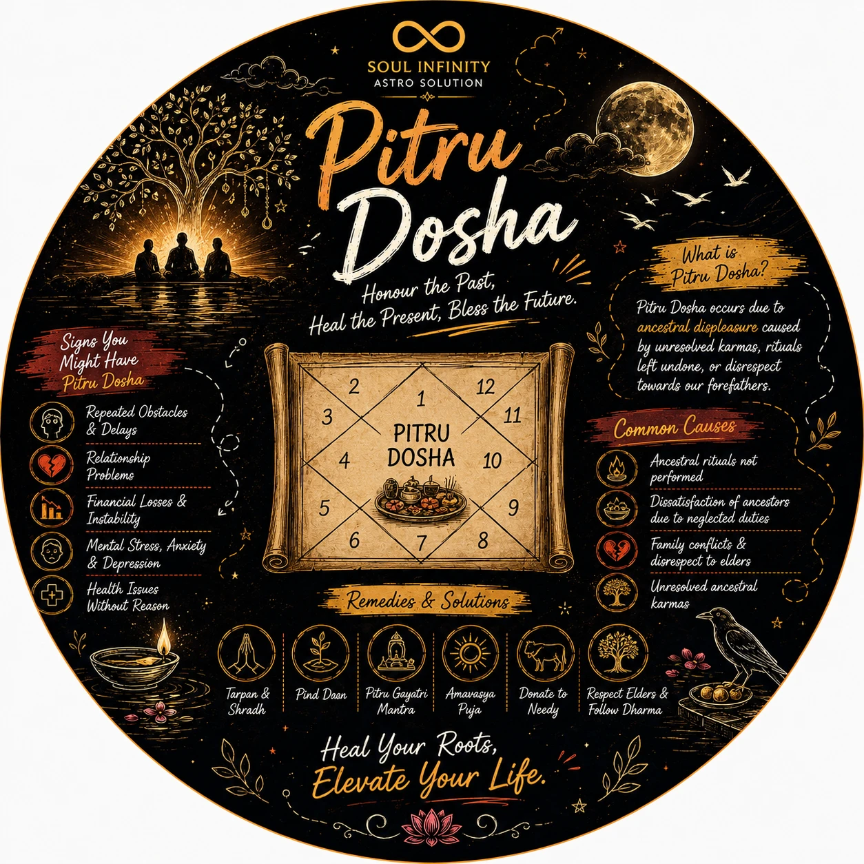 Pitru Dosha illustration representing ancestral karmic debt in the Vedic birth chart