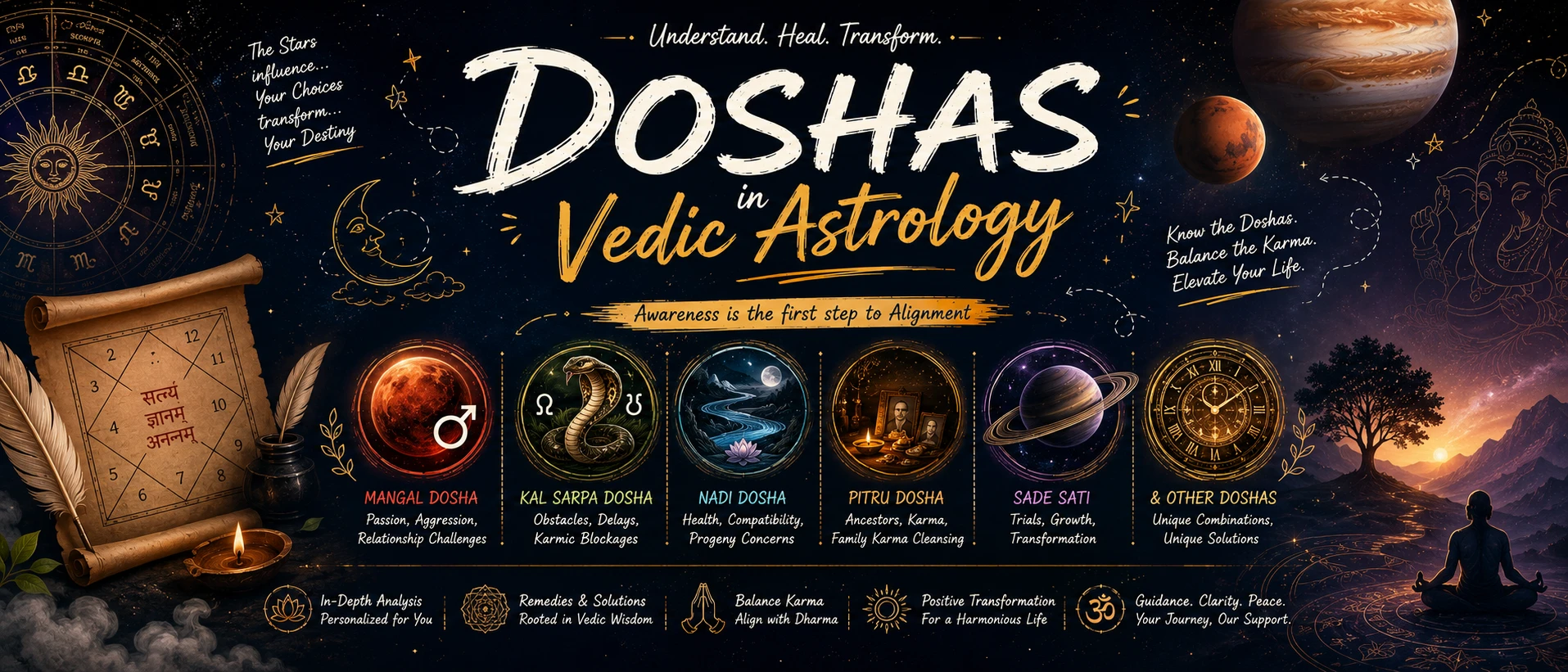 Doshas in Vedic Astrology, Mangal, Kaal Sarp, Nadi, Pitru, Saade Sati illustrated