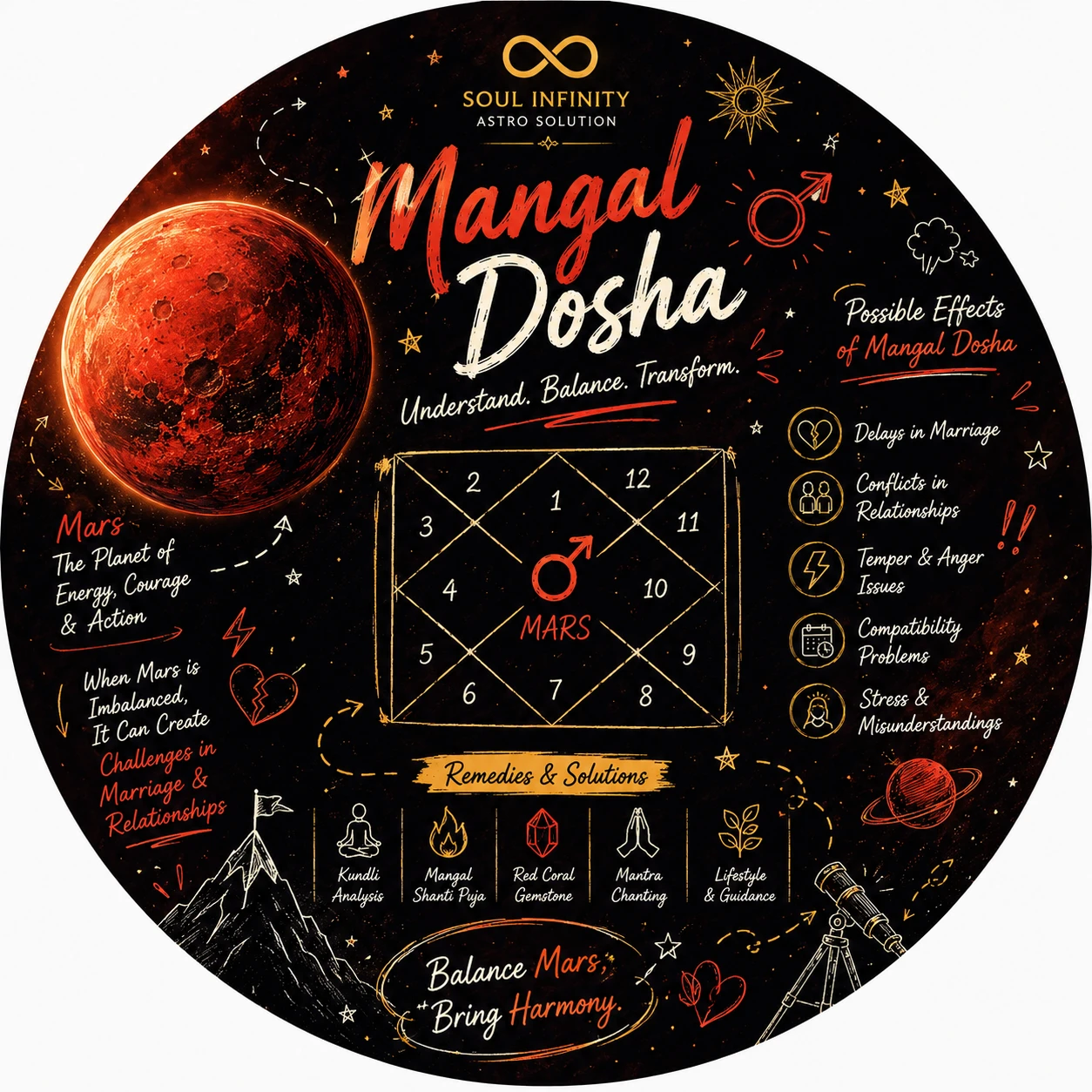 Mangal Dosha illustration showing Mars placement in the birth chart affecting marriage compatibility