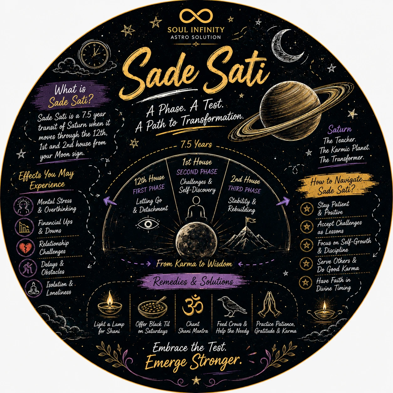 Saade Sati illustration showing Saturn transiting three signs over a seven and a half year period