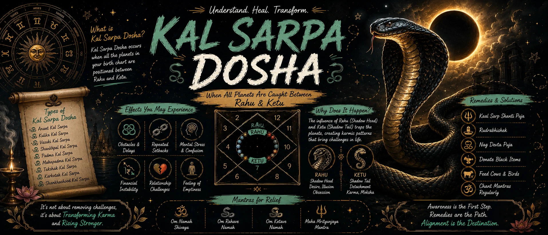 Kaal Sarp Dosha hero banner showing Rahu and Ketu encircling all planets in the Vedic birth chart