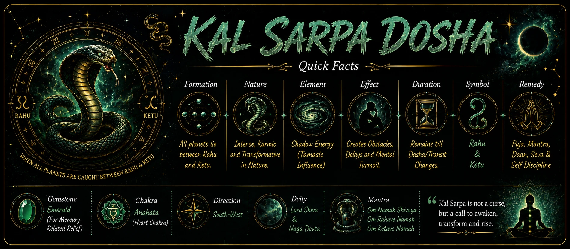 Kaal Sarp Dosha quick facts showing Rahu Ketu axis, planetary encirclement, and key effects