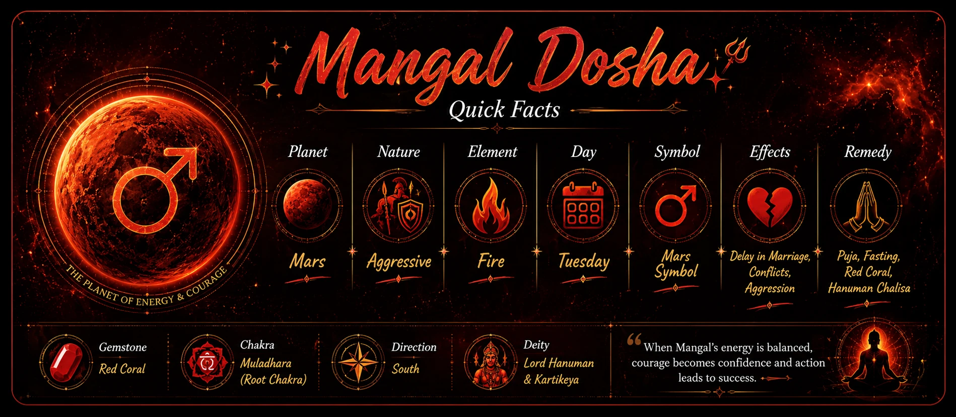 Mangal Dosha quick facts chart showing house placements, ruling planet Mars, and key effects