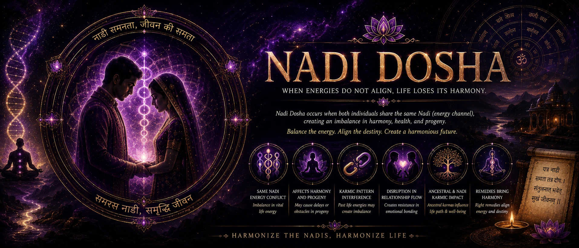Nadi Dosha hero banner showing the three nadi types in Vedic marriage compatibility analysis