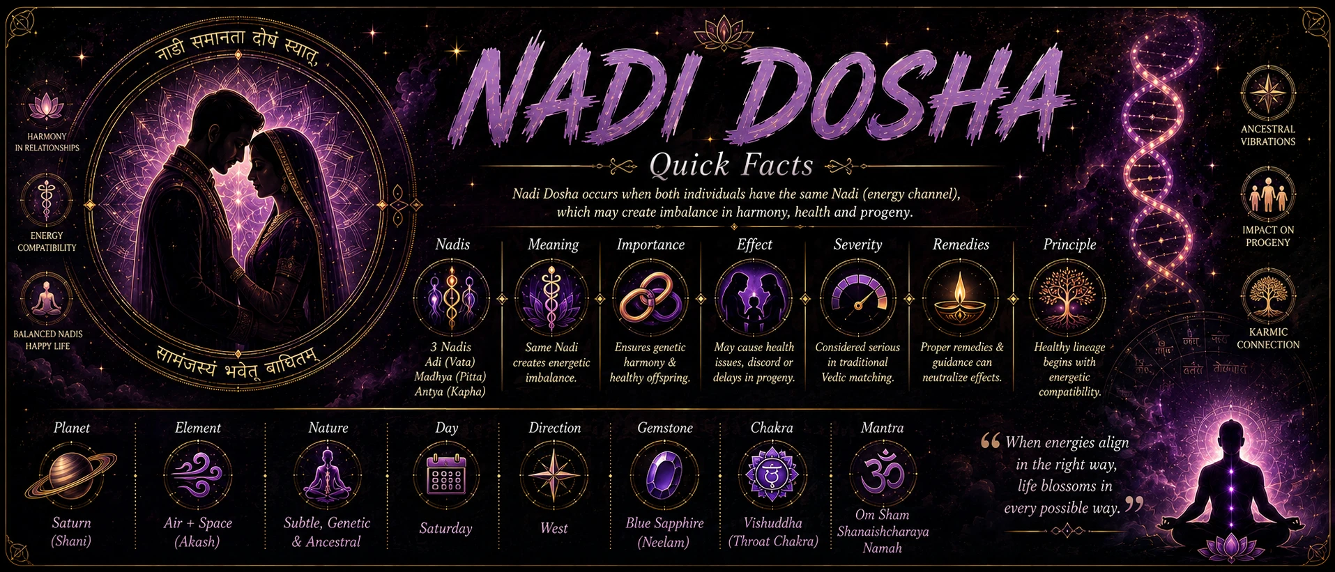 Nadi Dosha quick facts showing three nadi types, nakshatra assignments, and Kundali Milan scoring