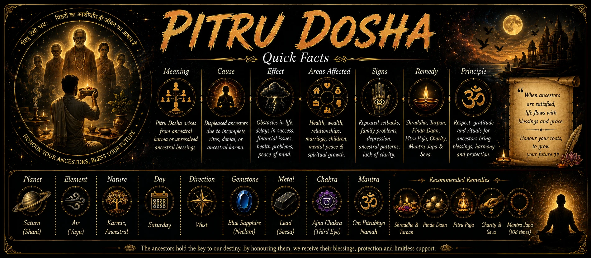 Pitru Dosha quick facts showing Sun Saturn afflictions, 9th house indicators, and ancestral karma effects