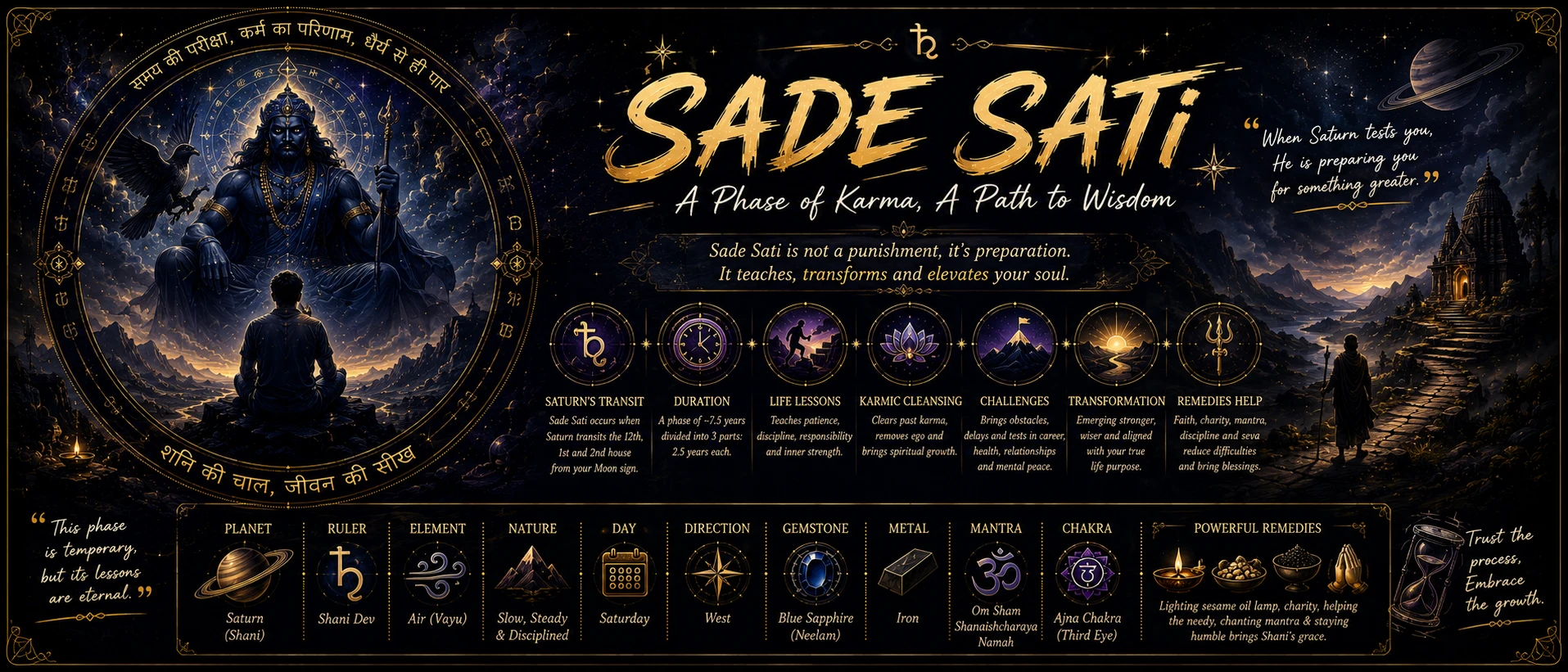 Saade Sati hero banner showing Saturn transit over three zodiac signs in Vedic astrology