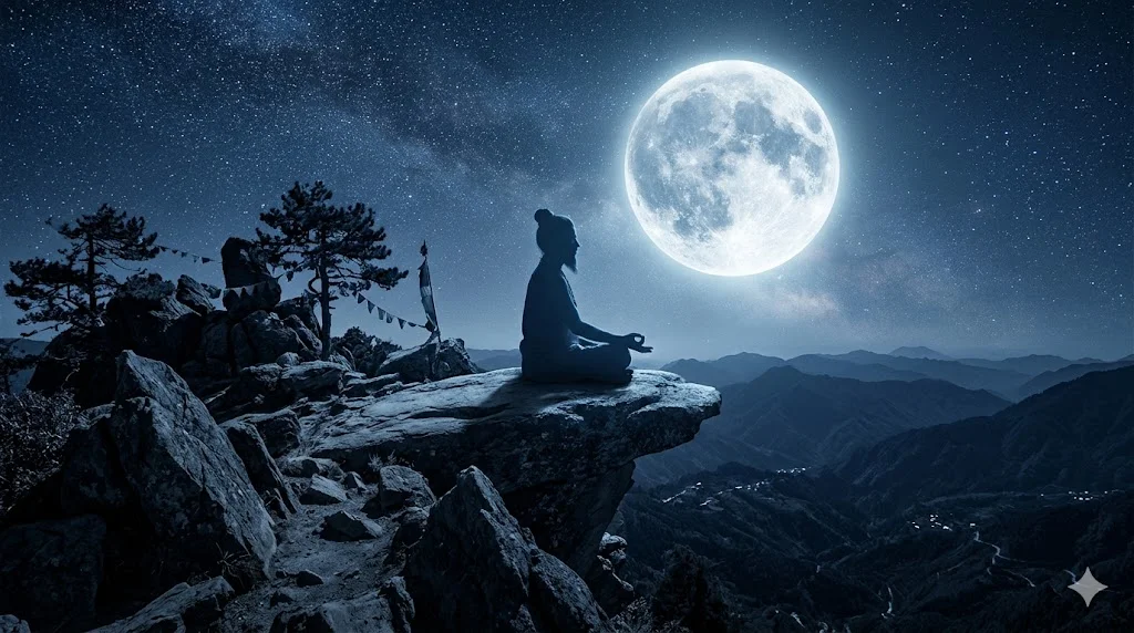 Meditative sage beneath moonlight