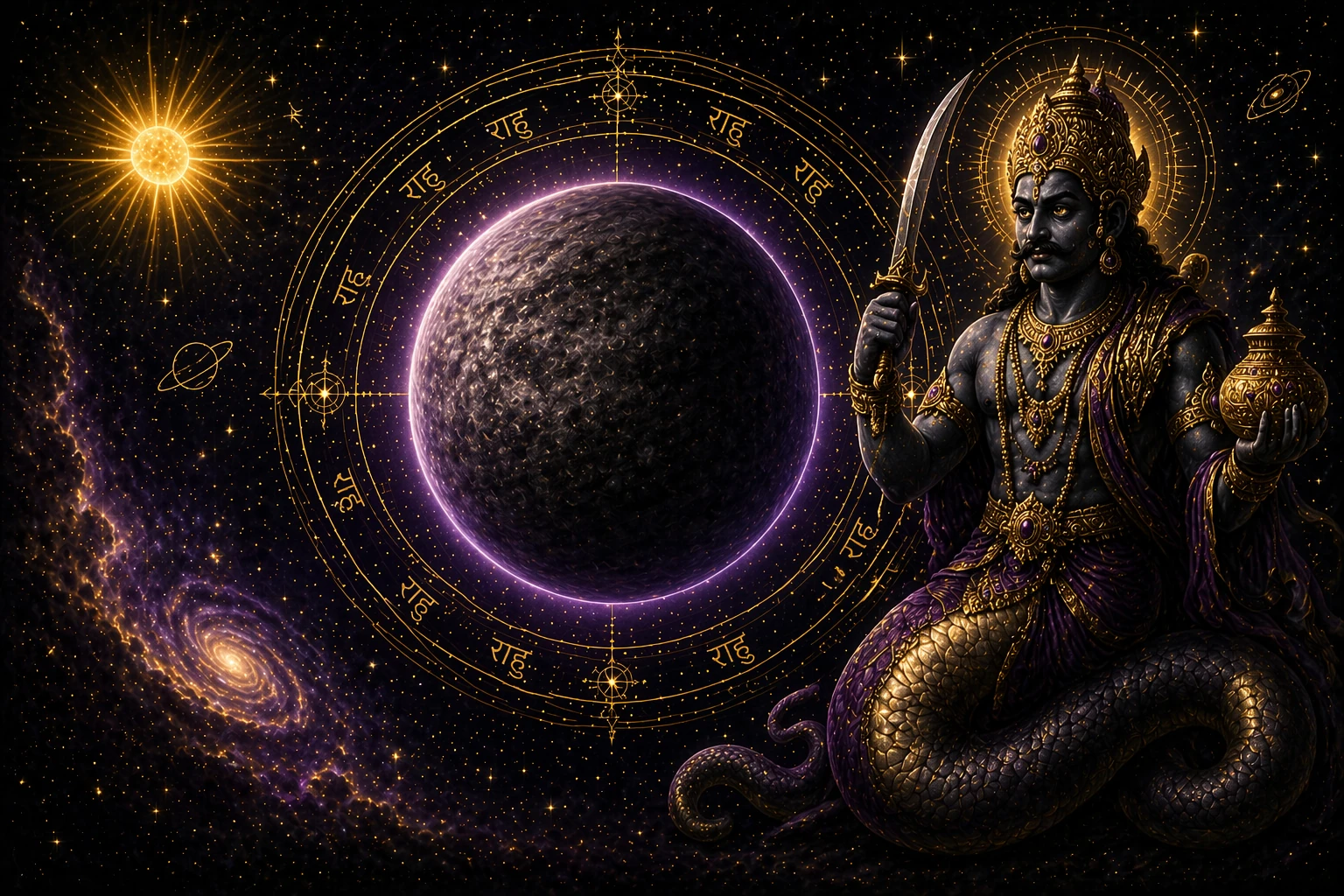 Rahu hero banner showing the north node in Vedic astrology with shadow planet symbolism