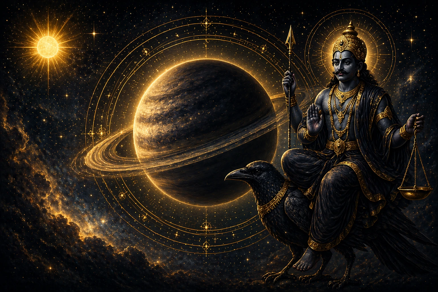 Saturn in the 7th house, illustration of Shani influencing marriage and partnership in Vedic astrology