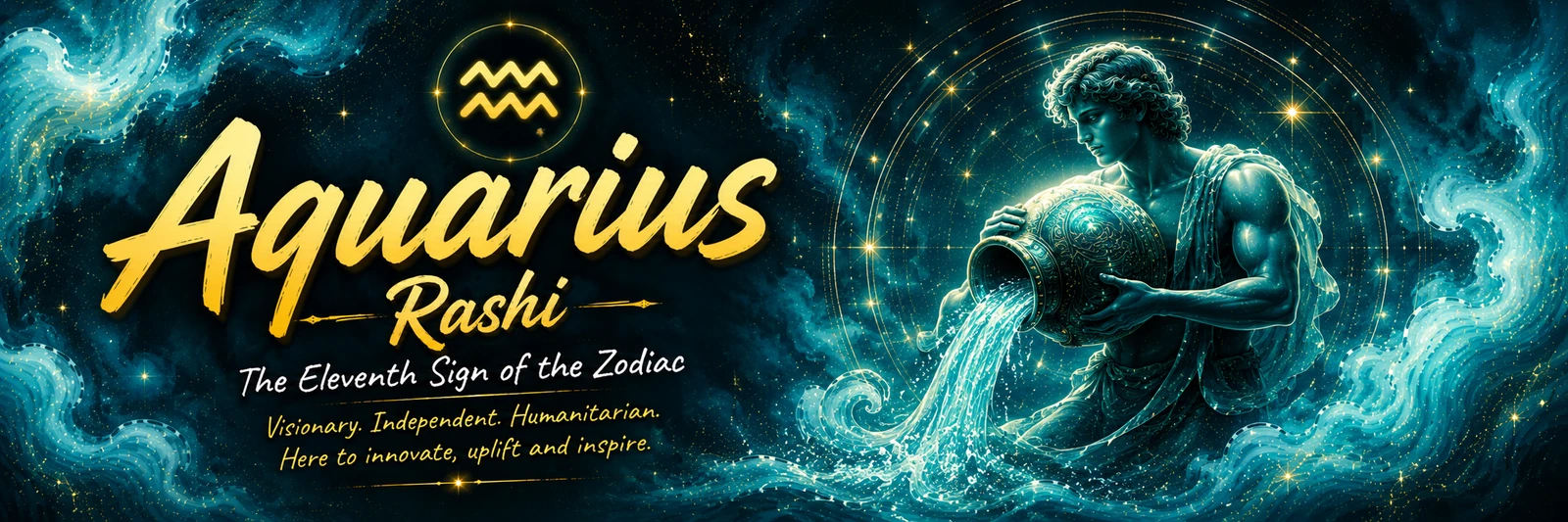Kumbha Rashi hero banner showing Aquarius Vedic astrology symbolism for Soul Infinity